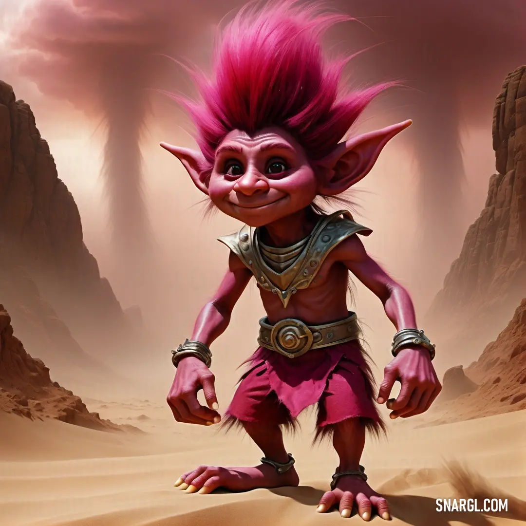 Cartoon character with pink hair and a desert landscape in the background