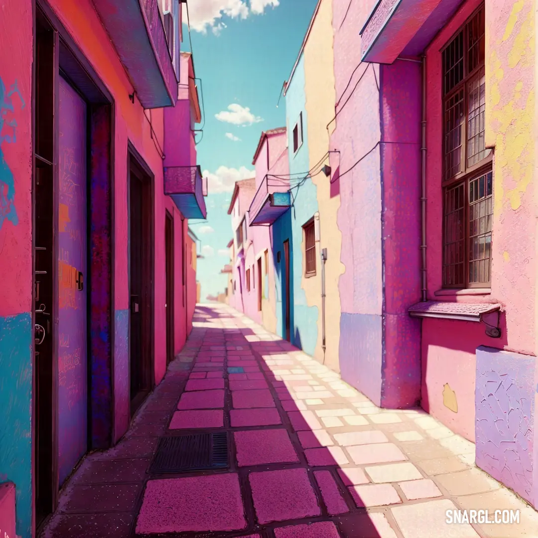 Narrow street with a pink building and blue sky in the background