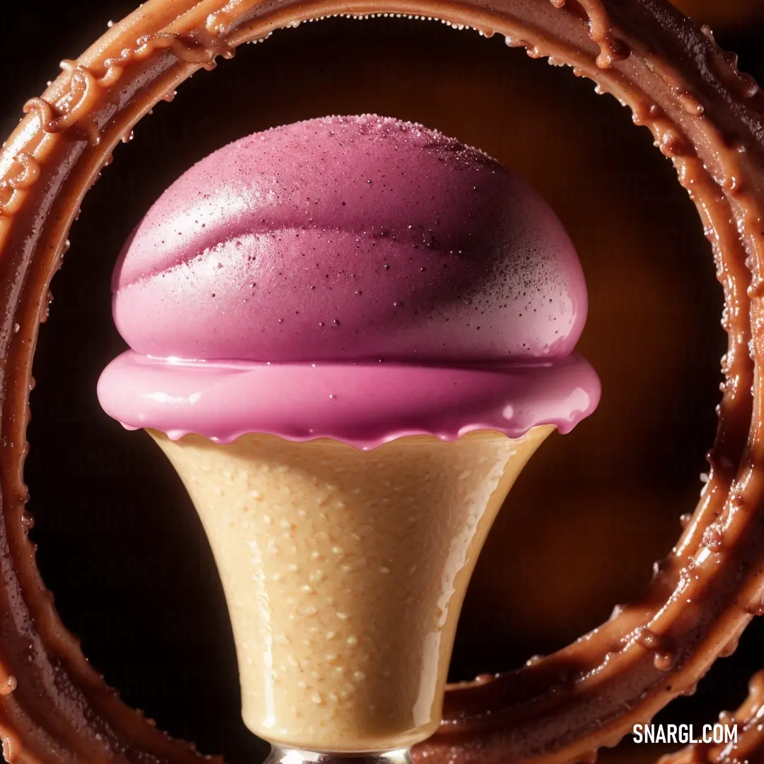 Pink and purple ice cream in a brown ring with chocolate curls around it and a brown leather handle