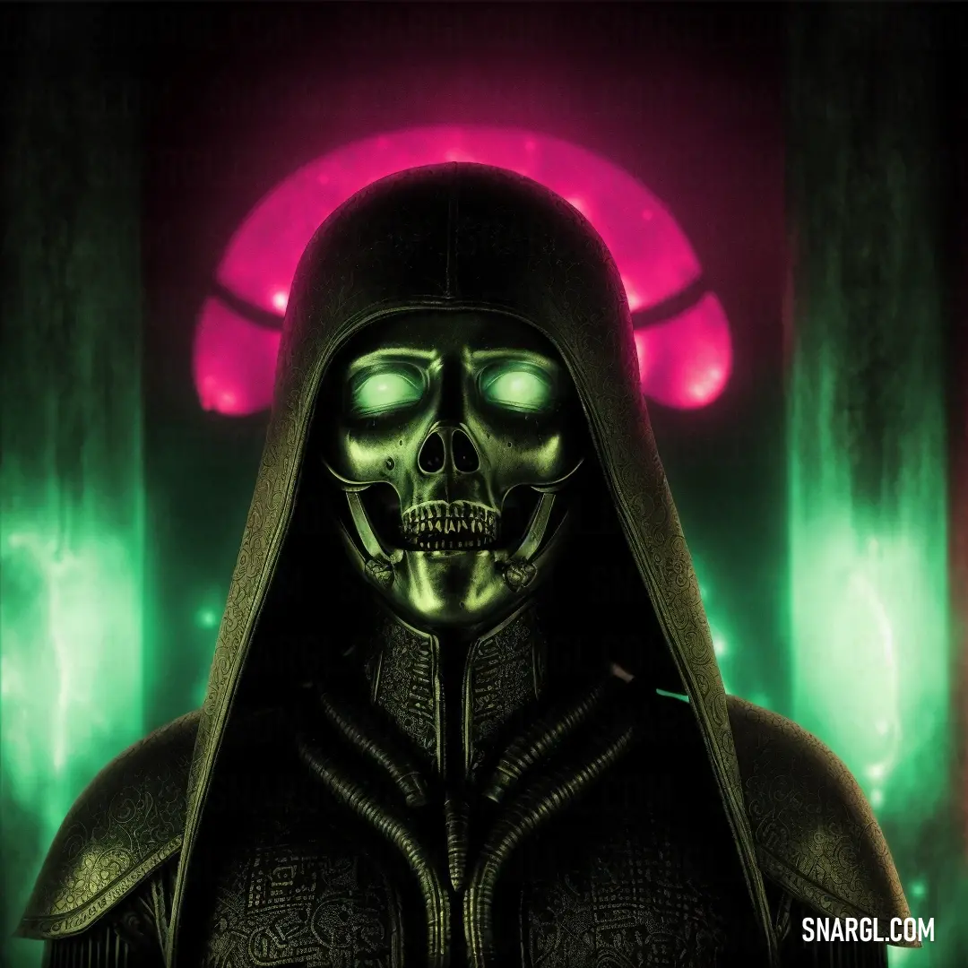 Skeleton wearing a hooded jacket and a hood with a green light behind it