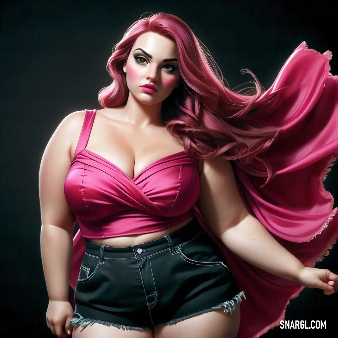 Woman with pink hair and a pink top is posing for a picture with her arms spread out