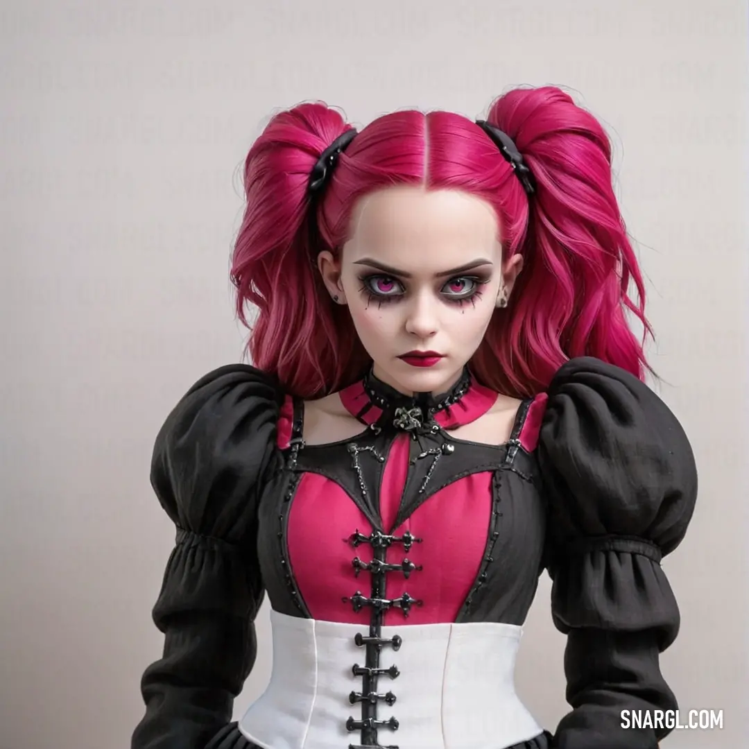 Woman with pink hair and black and white outfit with a pink and black corset and black