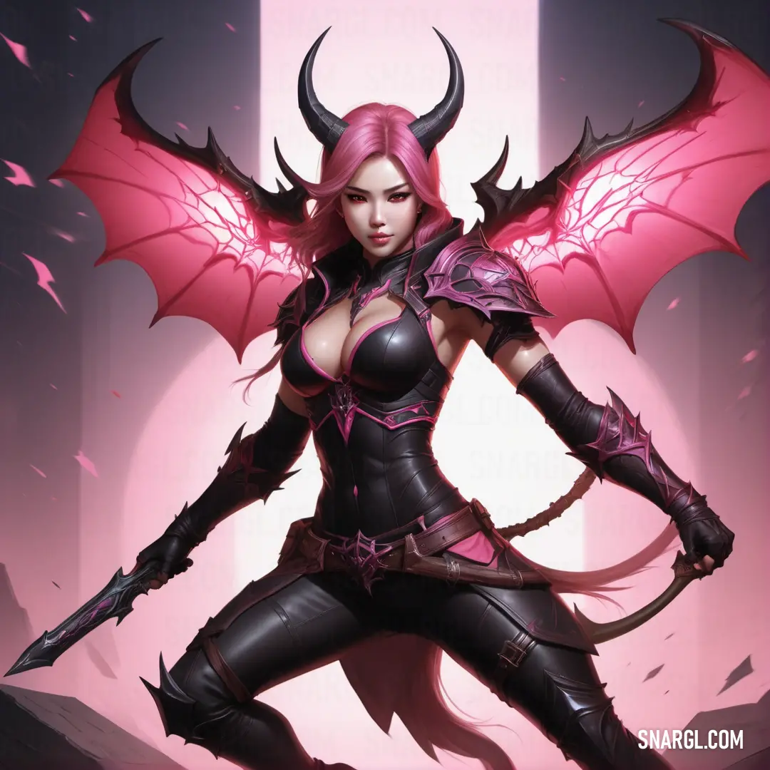 Woman with pink hair and a dragon like outfit is standing in front of a pink background
