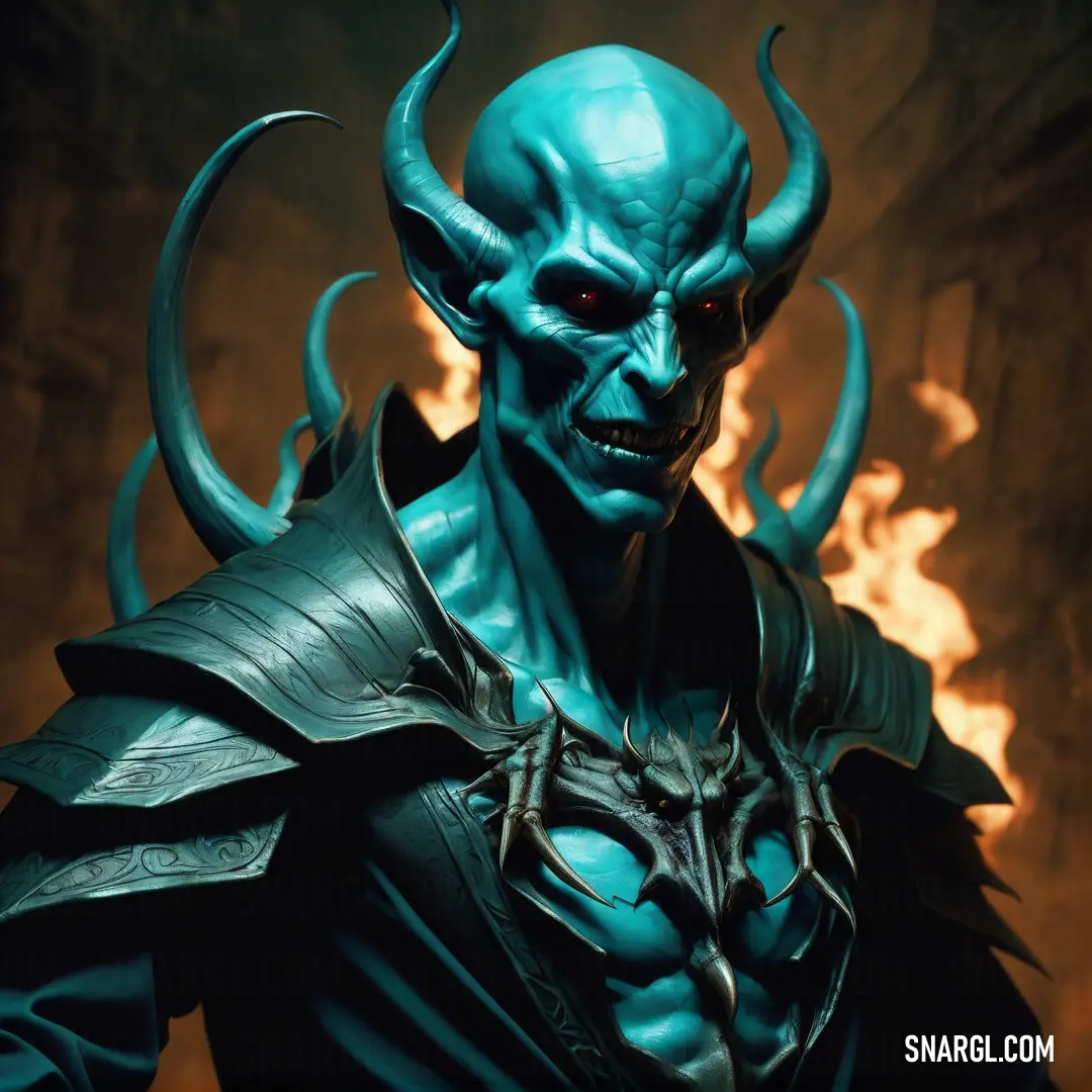 Blue demon with horns and a blue outfit on, in a dark room with flames and a black background. Example of PANTONE 2200 color.