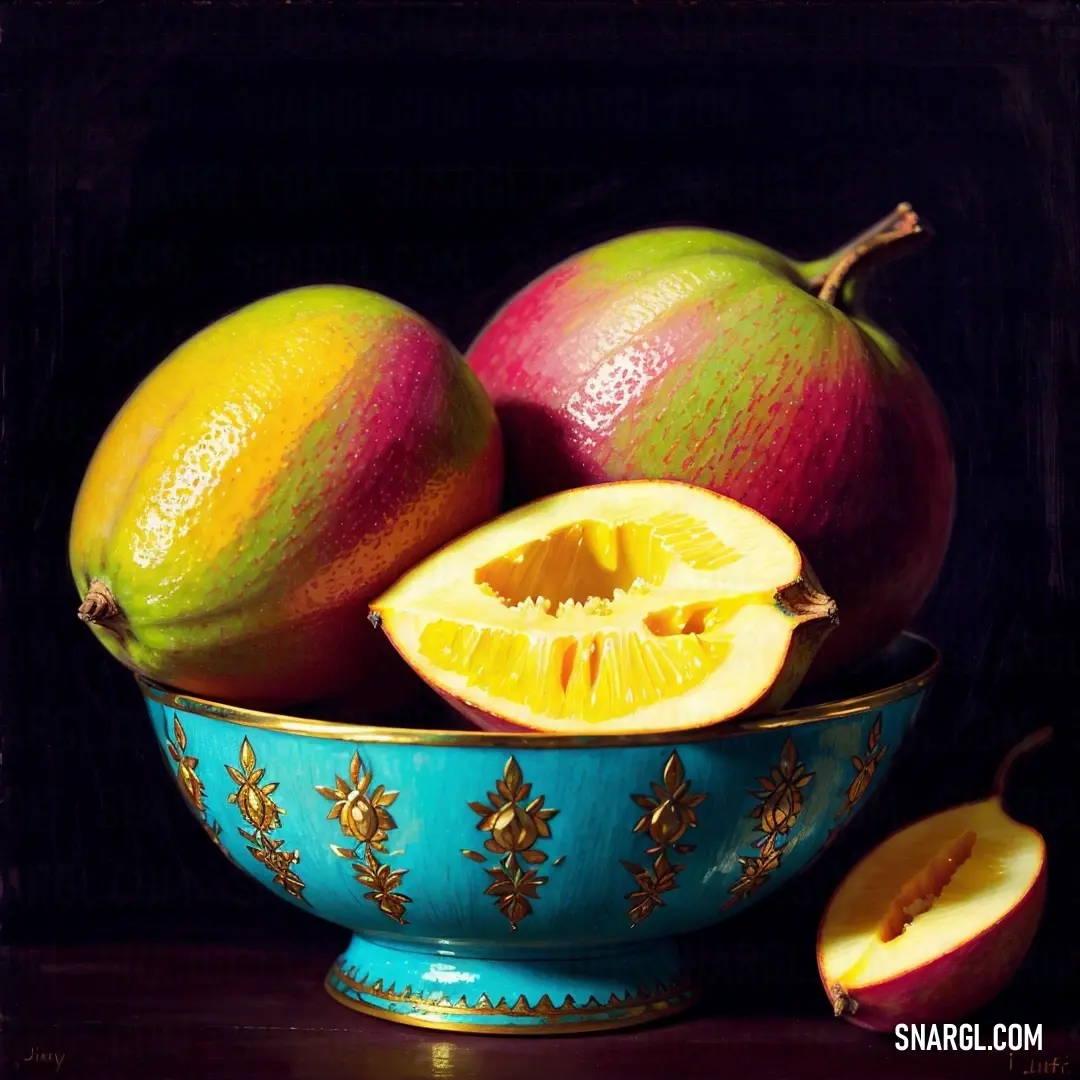 Bowl of fruit with a half of a fruit in it and a whole fruit in the bowl on the table. Example of CMYK 82,1,17,3 color.