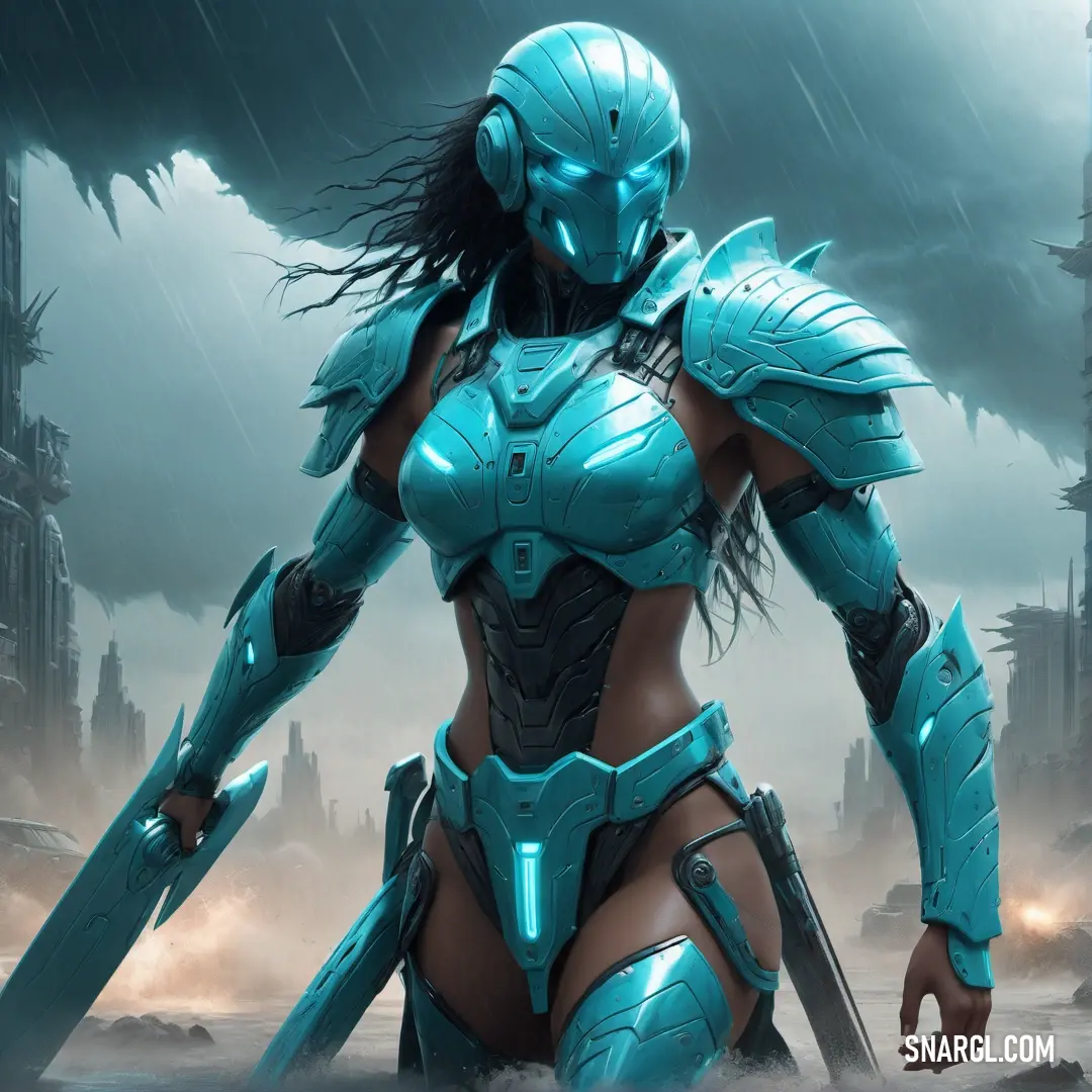 Woman in a futuristic suit holding a sword in a storm - like setting with a city in the background. Example of RGB 0,168,195 color.