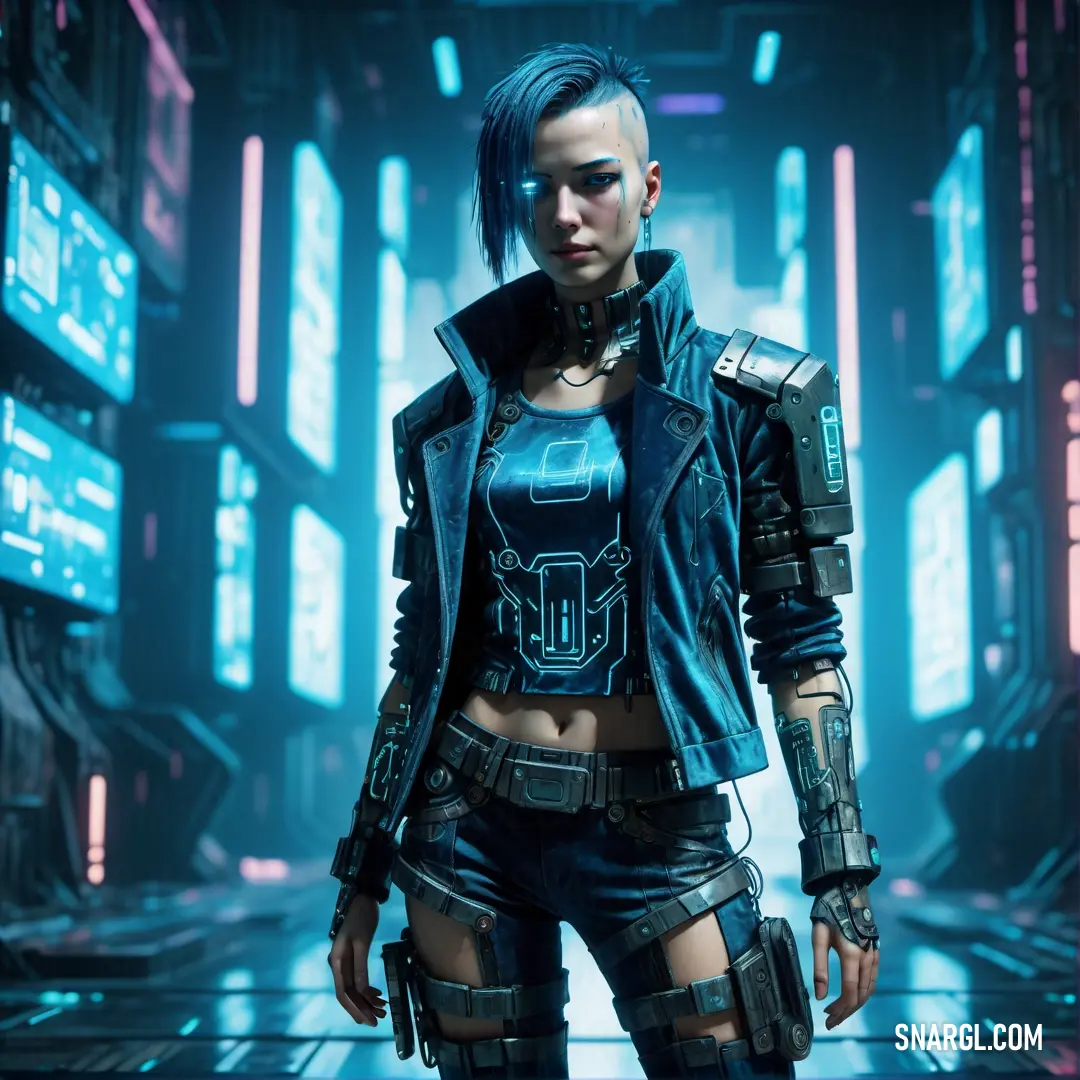 Woman in a futuristic suit and leather jacket standing in a futuristic city with neon lights and a gun. Color RGB 0,169,200.