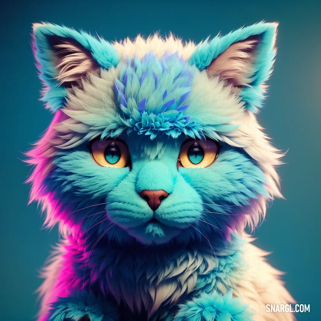 Cat with blue and pink fur and a blue background. Color RGB 0,159,213.