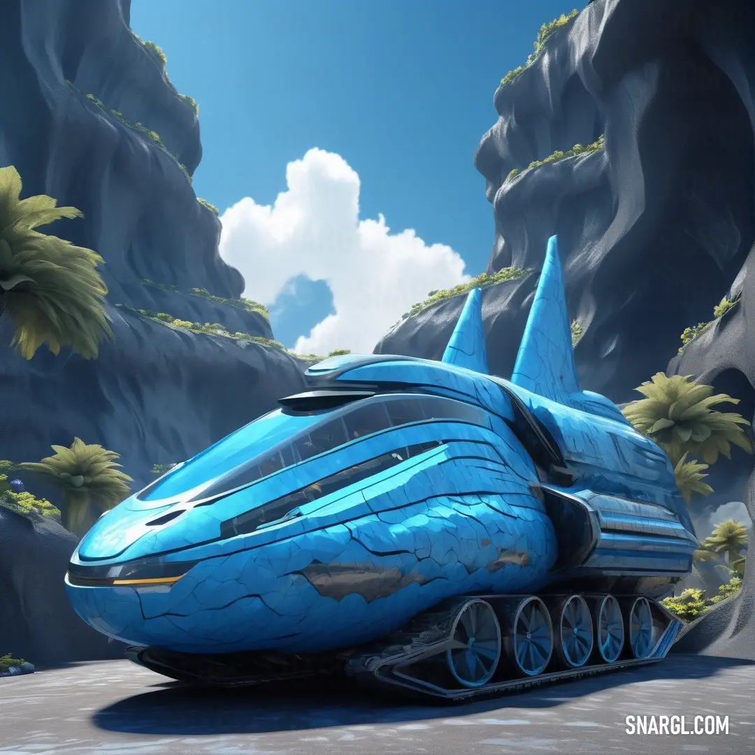 Futuristic vehicle is driving through a mountainous area with a mountain in the background. Color CMYK 92,0,6,0.