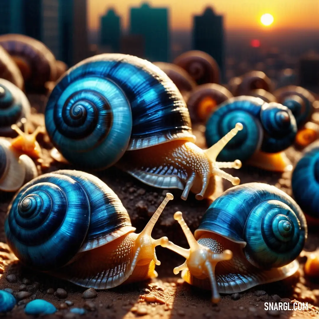 Group of snails are on the ground in the sun set, with buildings in the background. Color PANTONE 2202.