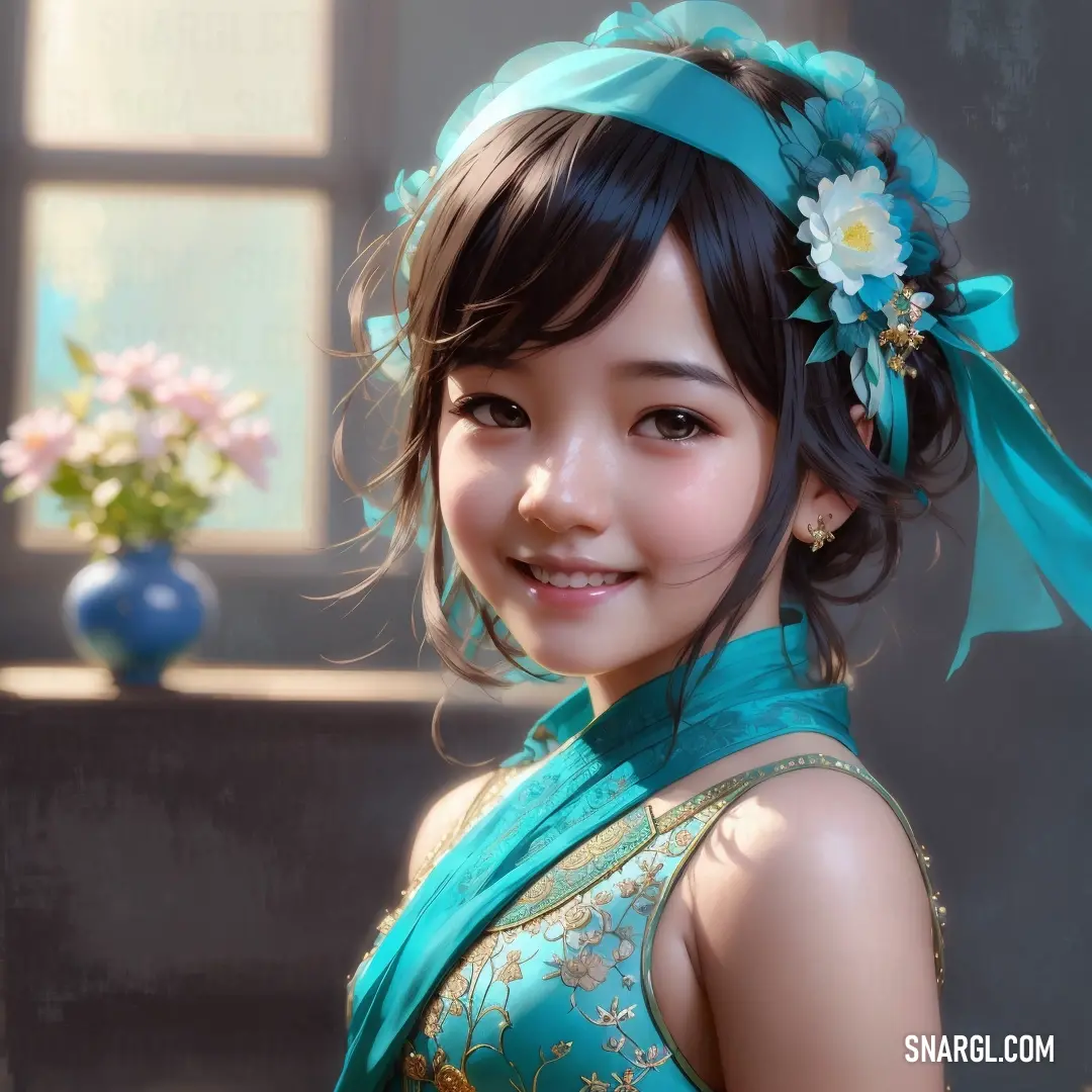 Young girl in a blue dress with a flower in her hair and a flower in her hair. Example of CMYK 92,0,6,0 color.