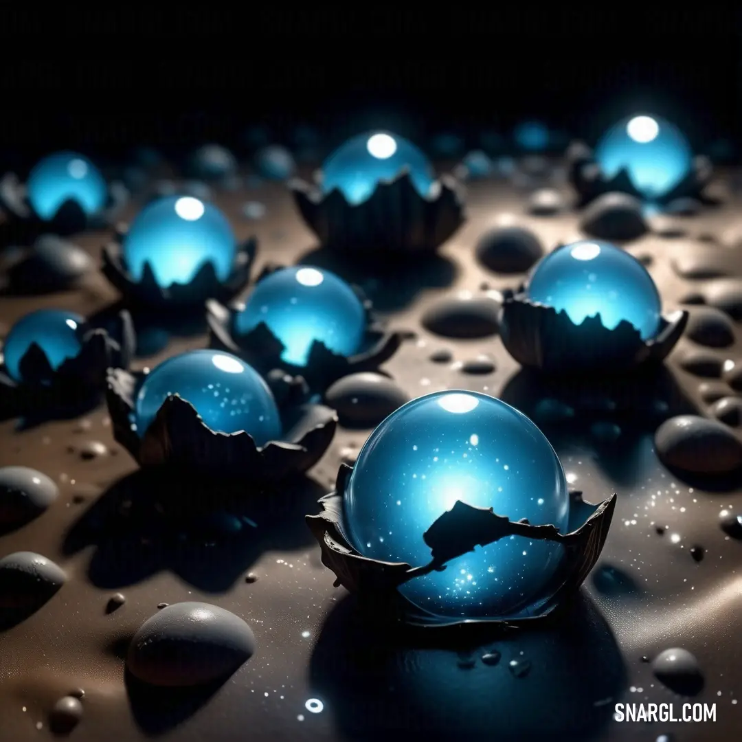 Group of blue balls on top of a table covered in water droplets and drops of water on top of a black surface. Color RGB 0,138,176.
