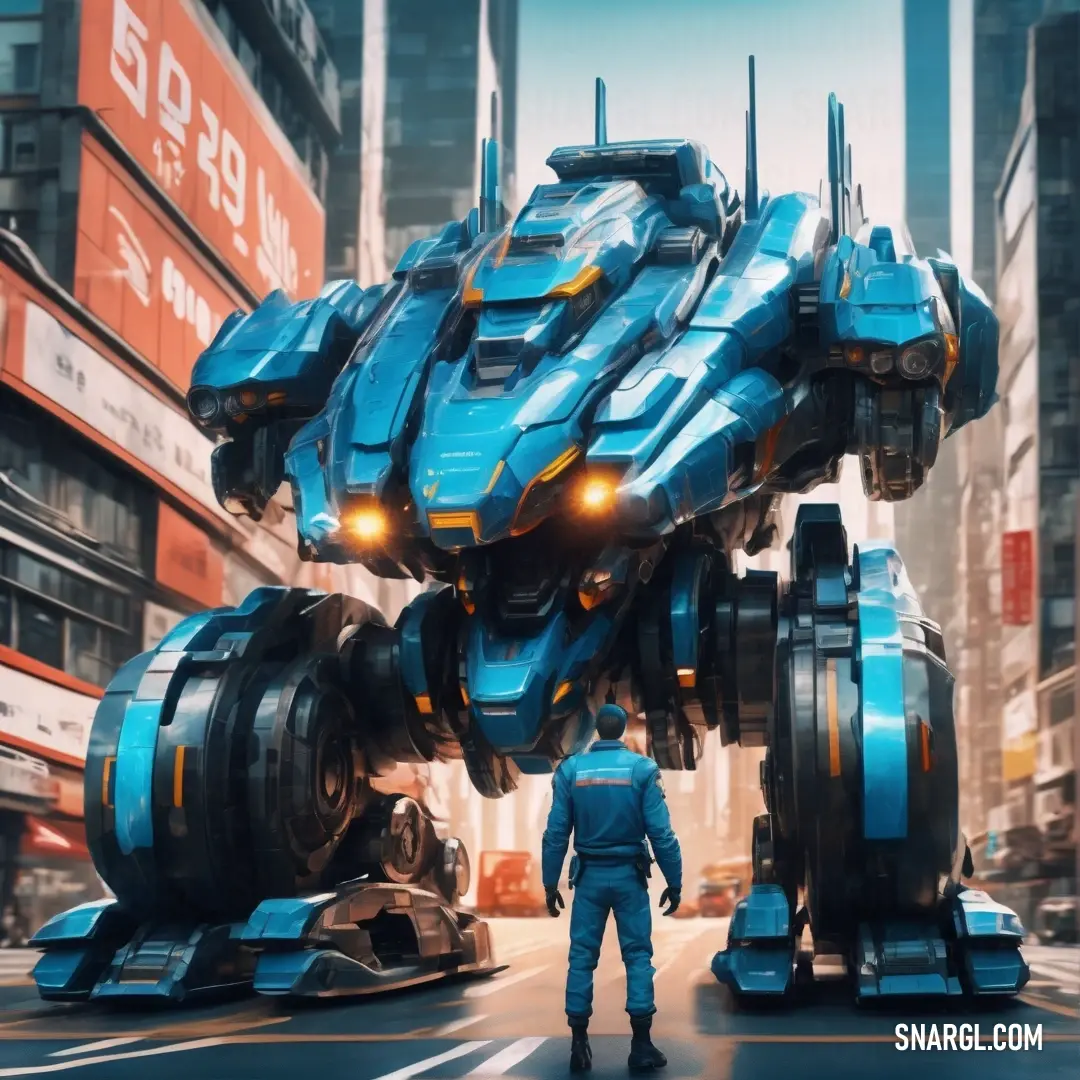Man standing in front of a giant robot in a city street with tall buildings and a giant blue robot. Example of CMYK 94,1,14,15 color.