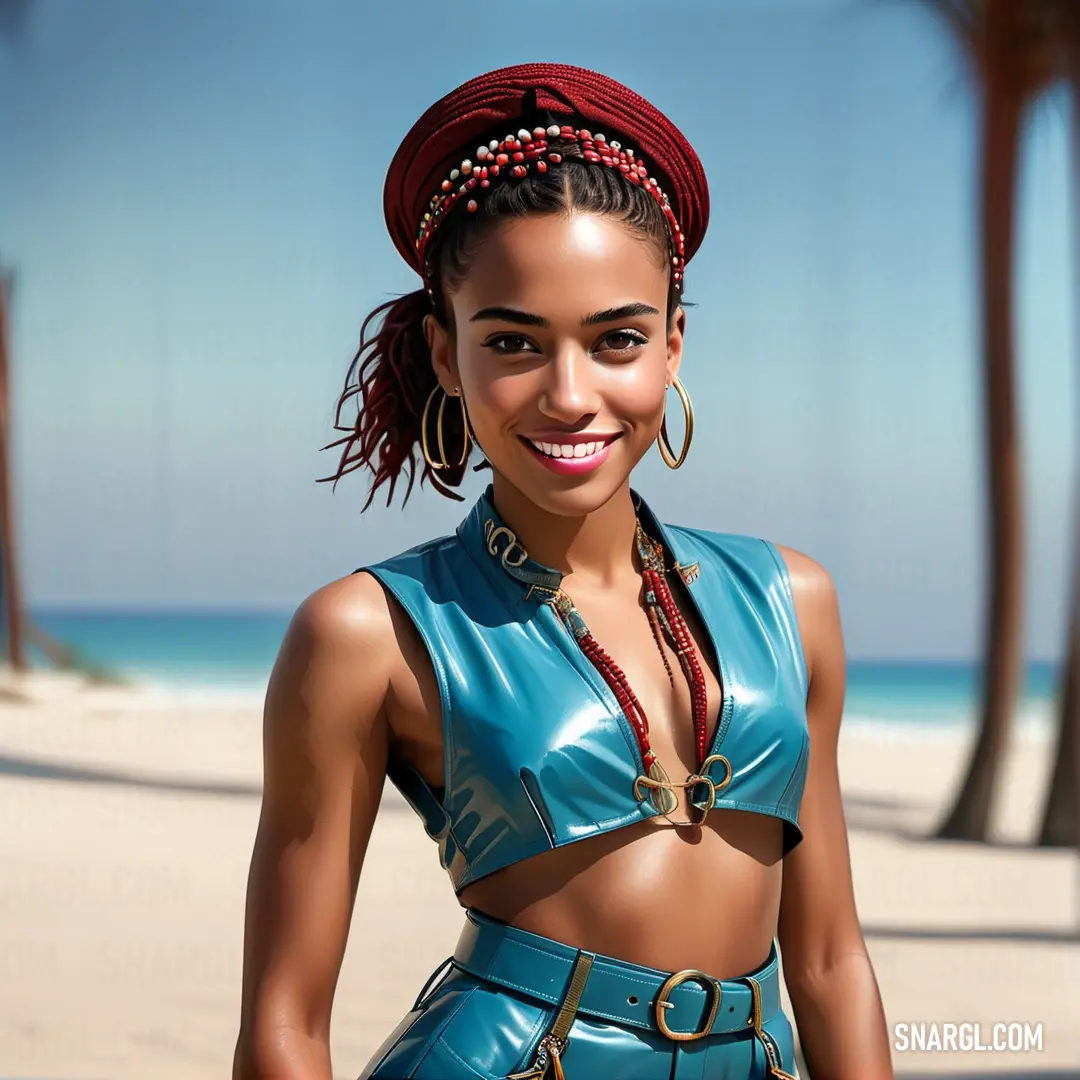 Woman in a blue leather outfit standing on a beach with palm trees in the background. Example of PANTONE 2203 color.