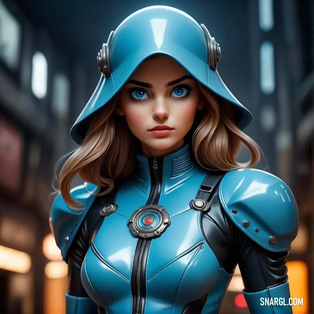 PANTONE 2203 color example: Woman in a blue suit and helmet with a sci - fi, Artgerm