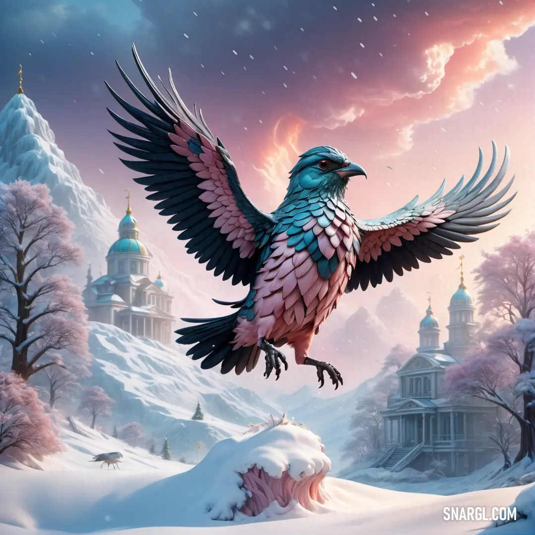 PANTONE 2204 color. Bird flying over a snowy landscape with a castle in the background