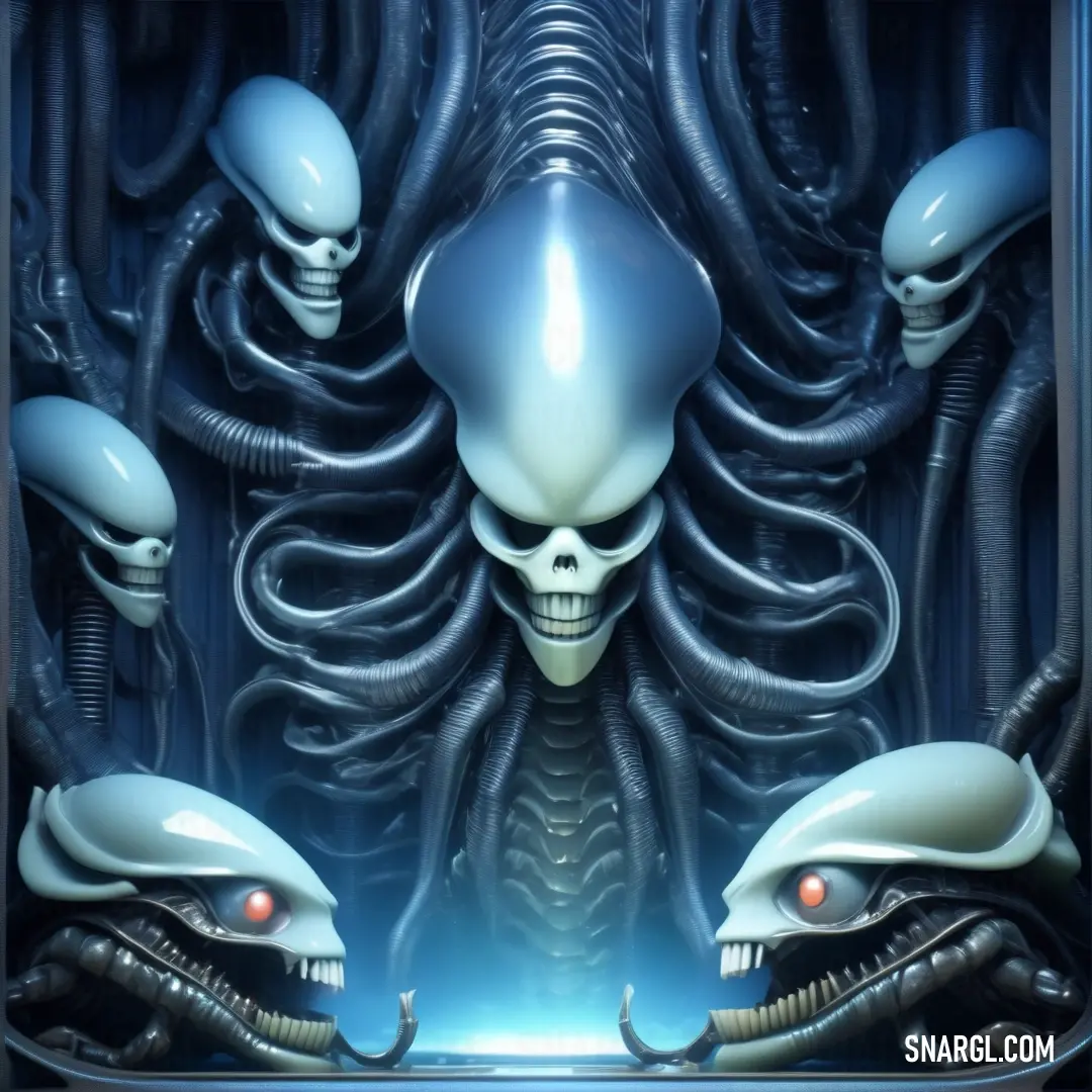 Group of aliens with red eyes and a skull in a square frame with a blue background