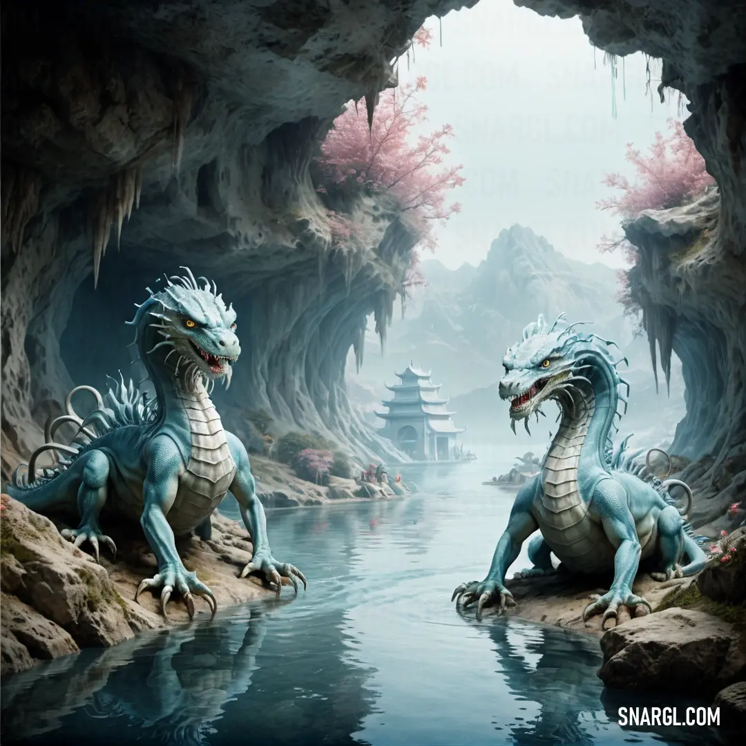 Two blue dragon statues on a rock in a cave by a river with a waterfall and a pagoda in the background. Example of #78AEBD color.