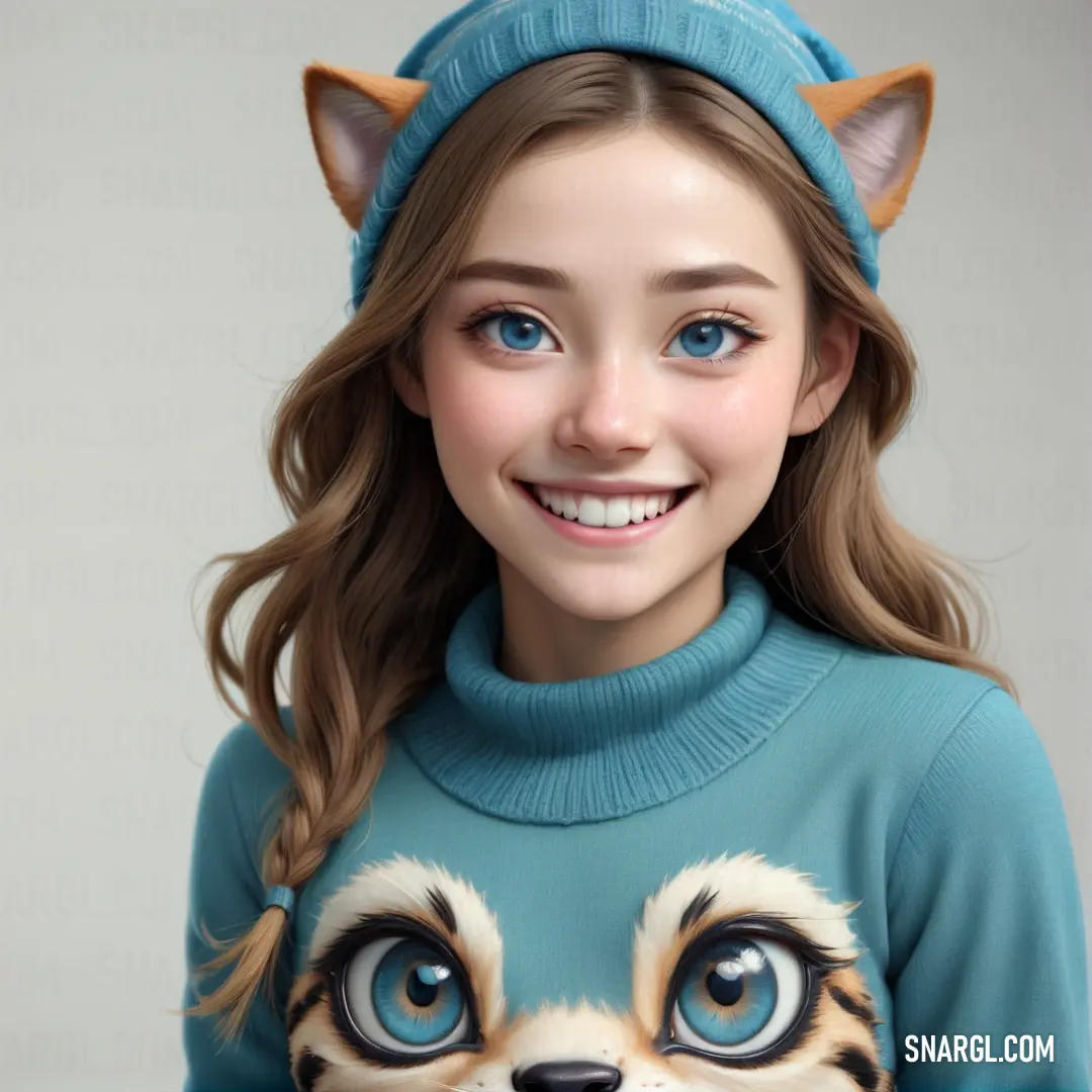 Girl with a cat hat and a sweater on and a cat's head on her sweater is smiling. Example of PANTONE 2206 color.