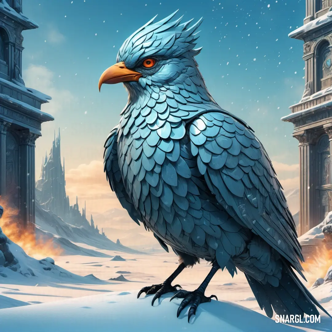 Bird on top of a snow covered ground next to a castle with a clock tower in the background. Color RGB 75,149,171.