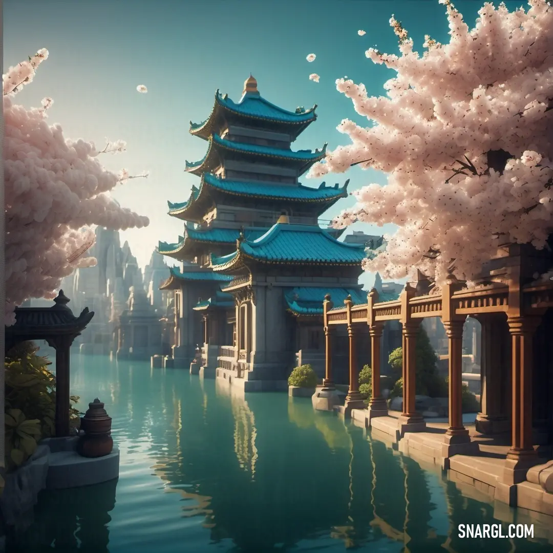 PANTONE 2207 color. Painting of a pagoda and a lake with cherry blossoms in bloom in the foreground