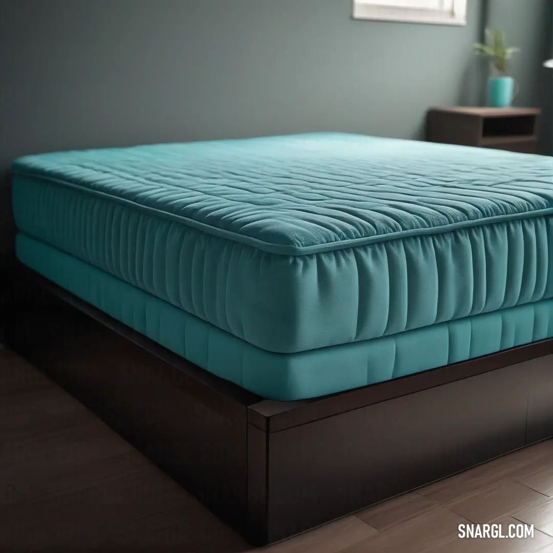 A stylish bed with a deep blue mattress resting in a room featuring a rustic brown wooden frame and a warm hardwood floor. A large window allows natural light to flood in, creating a bright and inviting space with a hint of the RGB 88,137,161 colors.