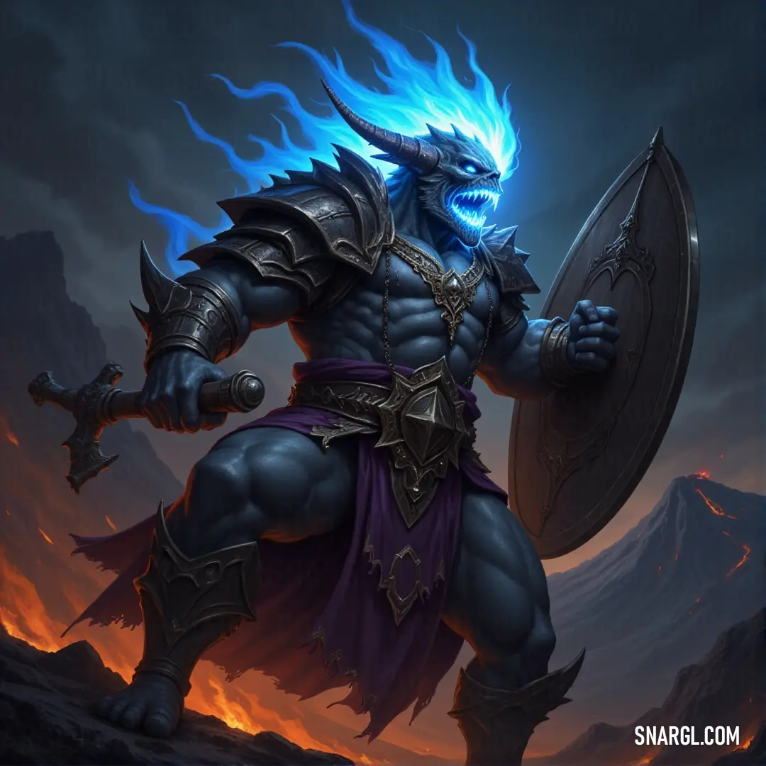 An imposing blue demon wields a sword and a shield, standing fiercely against a dramatic backdrop. The vibrant hues of blue add depth to its powerful stance, showcasing a narrative of strength and resilience, enthralling viewers with its commanding presen