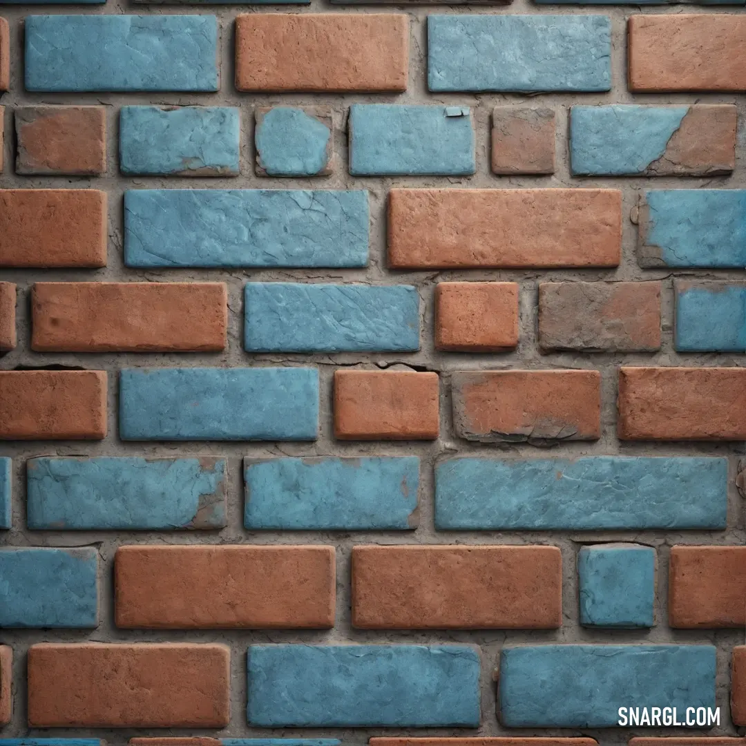 A brick wall composed of blue and brown bricks, with a red brick section adding a bold contrast. The vibrant tones of PANTONE 2208 create a unique and textured pattern that captures the eye.