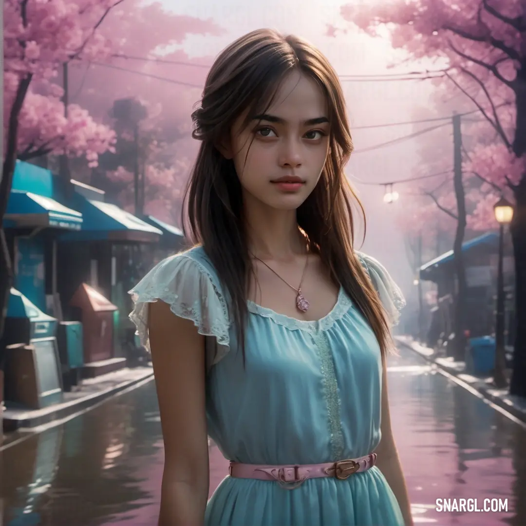 PANTONE 2208 color example: Girl in a blue dress standing on a street with a pink tree in the background