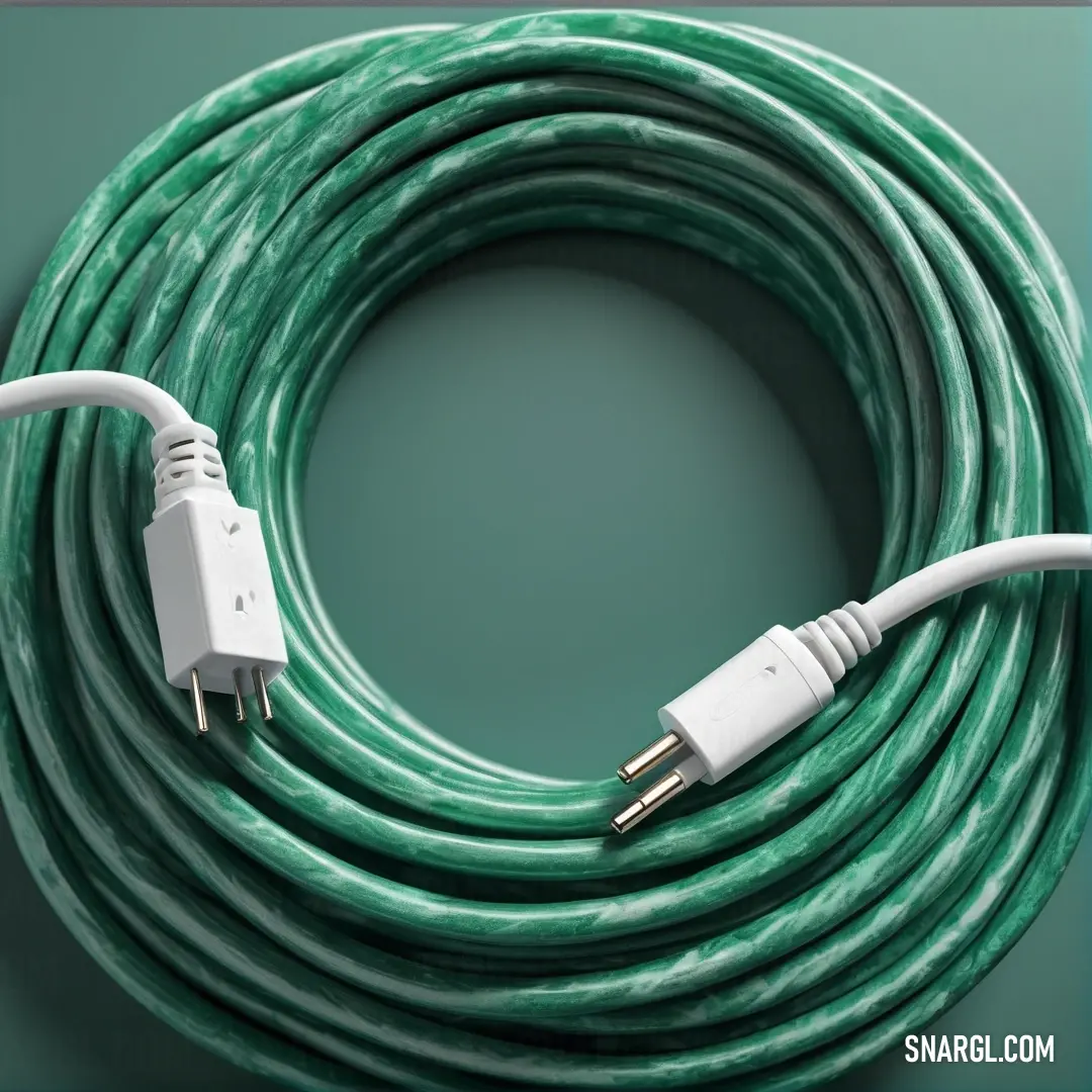 A green and white extension cord sprawls across an equally vibrant green backdrop, featuring two white plugs that starkly contrast. The harmonious color combination #5889A1 brings an element of playfulness to a practical object.