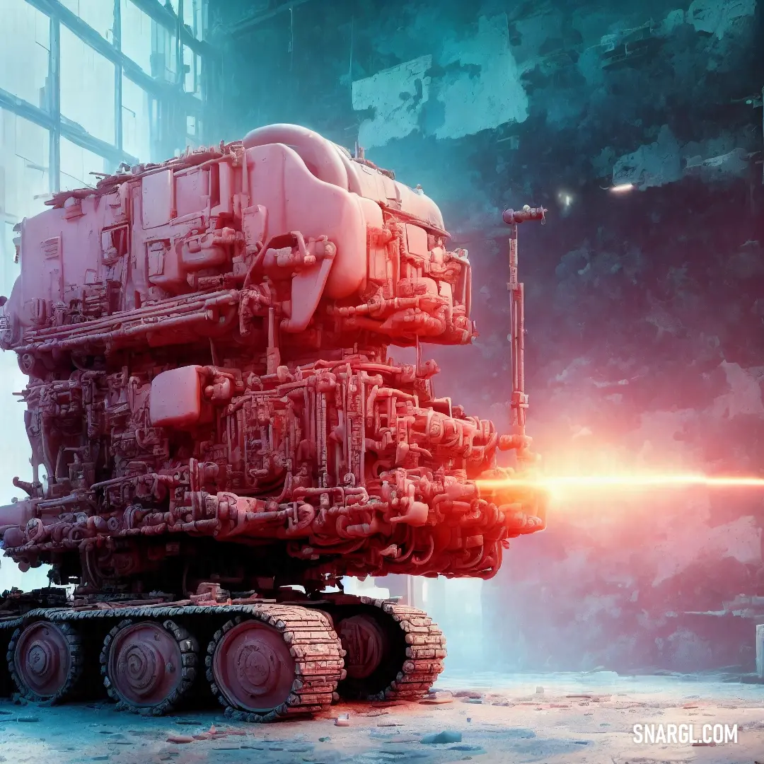 A large machine, bathed in a red glow, sits at the center of the frame. The deep, mechanical tones of the surrounding environment are accented by the vibrant red light, drawing attention to the powerful machinery in this industrial scene.