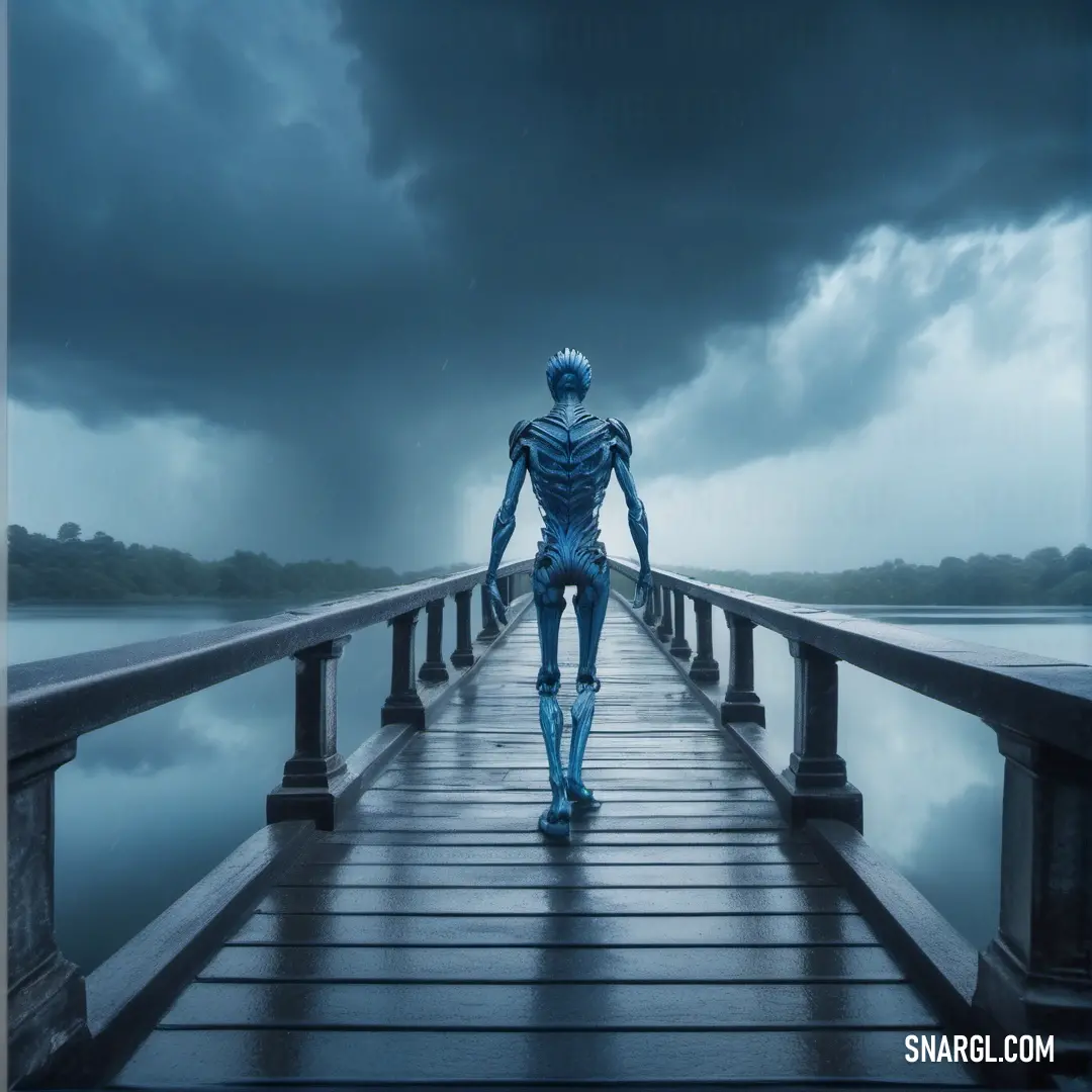 Man in a blue suit walking across a bridge over water with a storm in the background. Color PANTONE 2208.