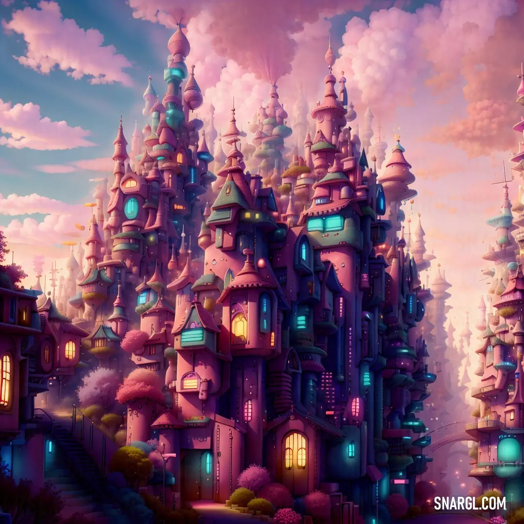 A beautifully painted castle stands tall with numerous towers, bathed in warm light that highlights its grandeur. In the background, a vast sky frames the castle, offering a sense of awe and majesty to the scene, enhanced by CMYK 71,30,23,9 color.