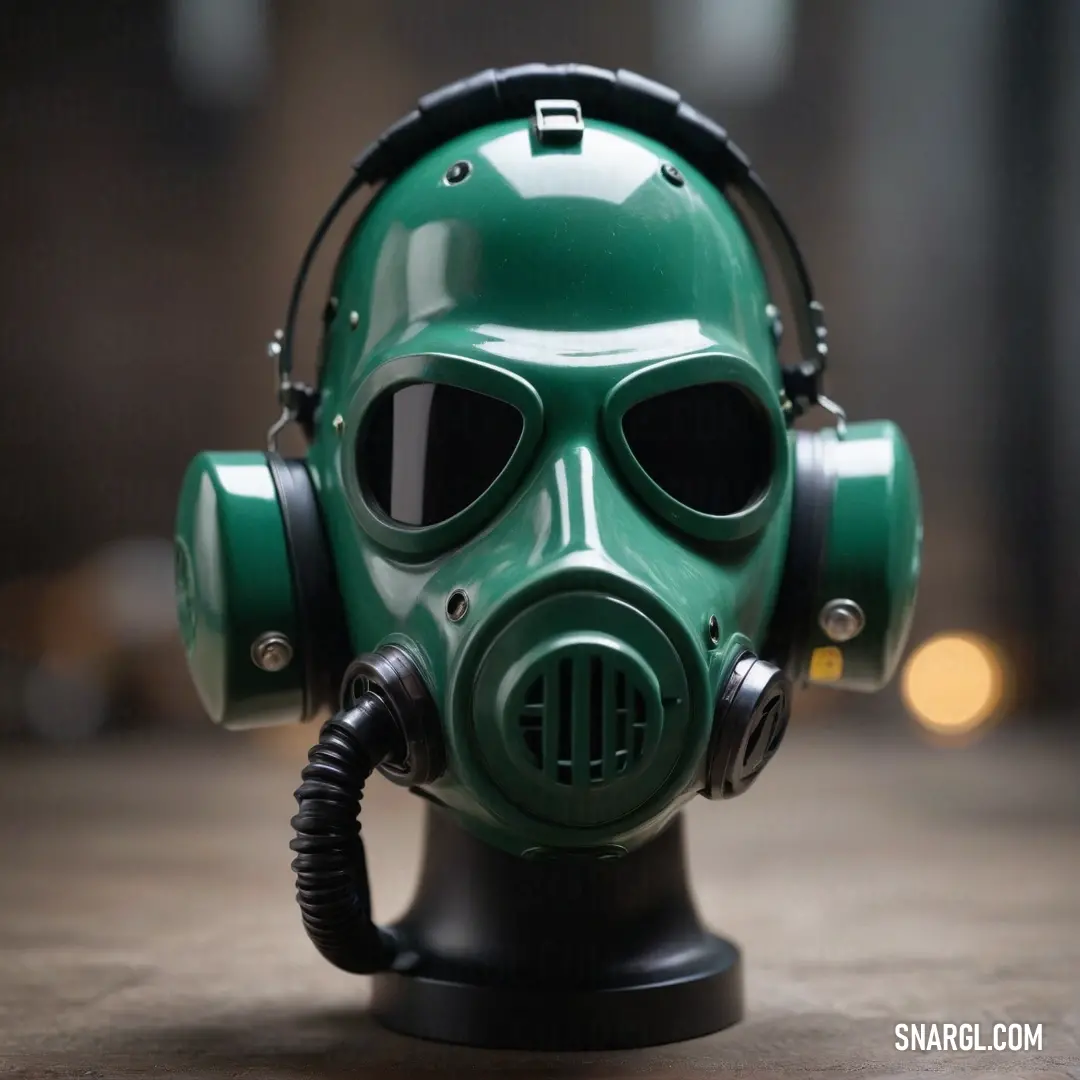 A uniquely designed green gas mask rests on a table, complemented by a sleek black headpiece. In the background, an artistic blur enhances the mystique and intrigue of the scene, creating a striking contrast with the vibrant PANTONE 2208 color.