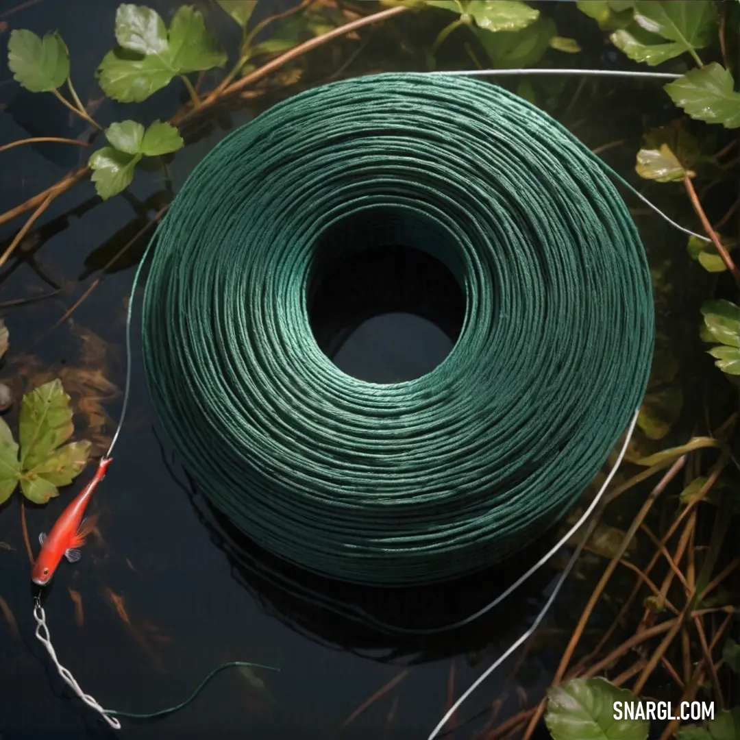 A vibrant green string floats atop tranquil waters, its journey intertwined with a striking red fish, all set against a lush, green leafy backdrop. The color palette reflects the natural world's richness, highlighted in CMYK 71,30,23,9.