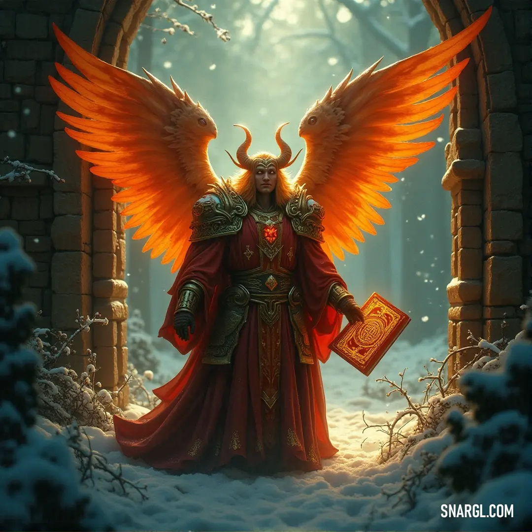 A breathtaking painting depicts a powerful demon with majestic wings standing valiantly in a snowy landscape. A formidable shield in hand, the figure commands attention amid a backdrop of intricate gates, creating an enchanting realm of adventure and myst