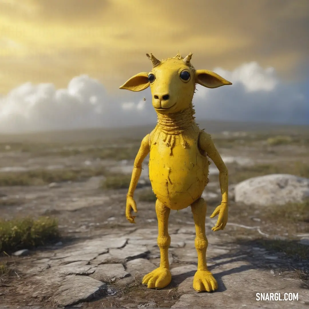 A curious yellow sheep stands proudly on a rocky surface, surveying its surroundings beneath a dramatic cloudy sky. The vibrant colors blend beautifully, highlighting the resilient spirit of this charming creature in its natural habitat.