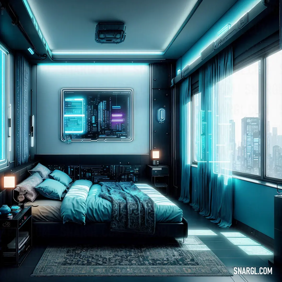 Bedroom with a bed and a large window with city lights on it and a rug on the floor. Example of #43859A color.