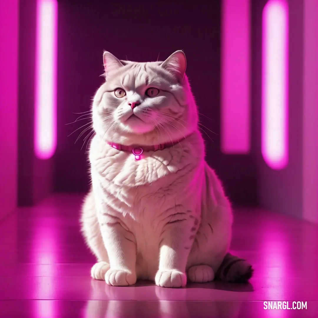 Cat on a floor in a room with pink lights and a collared cat