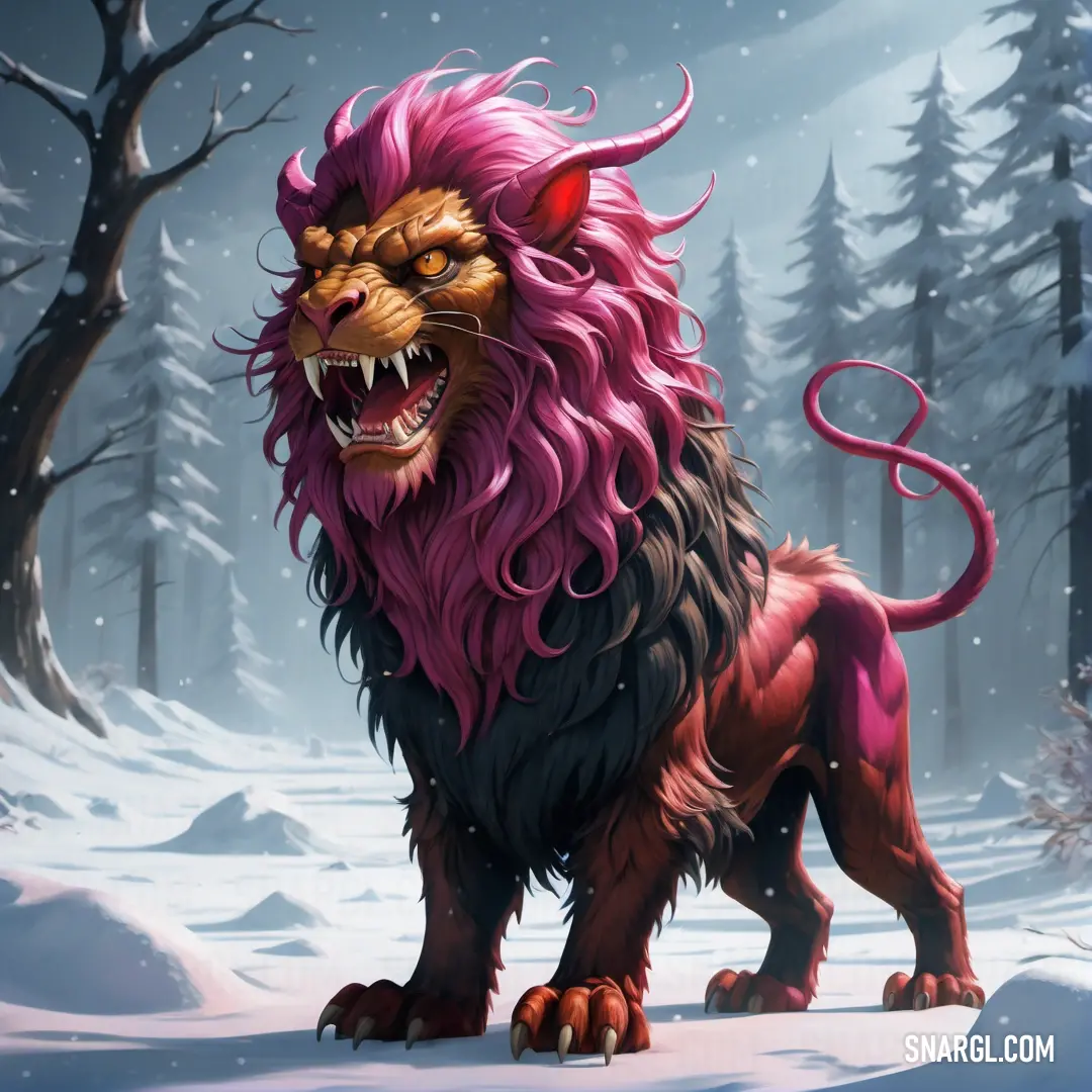 Lion with a red mane standing in the snow with trees in the background
