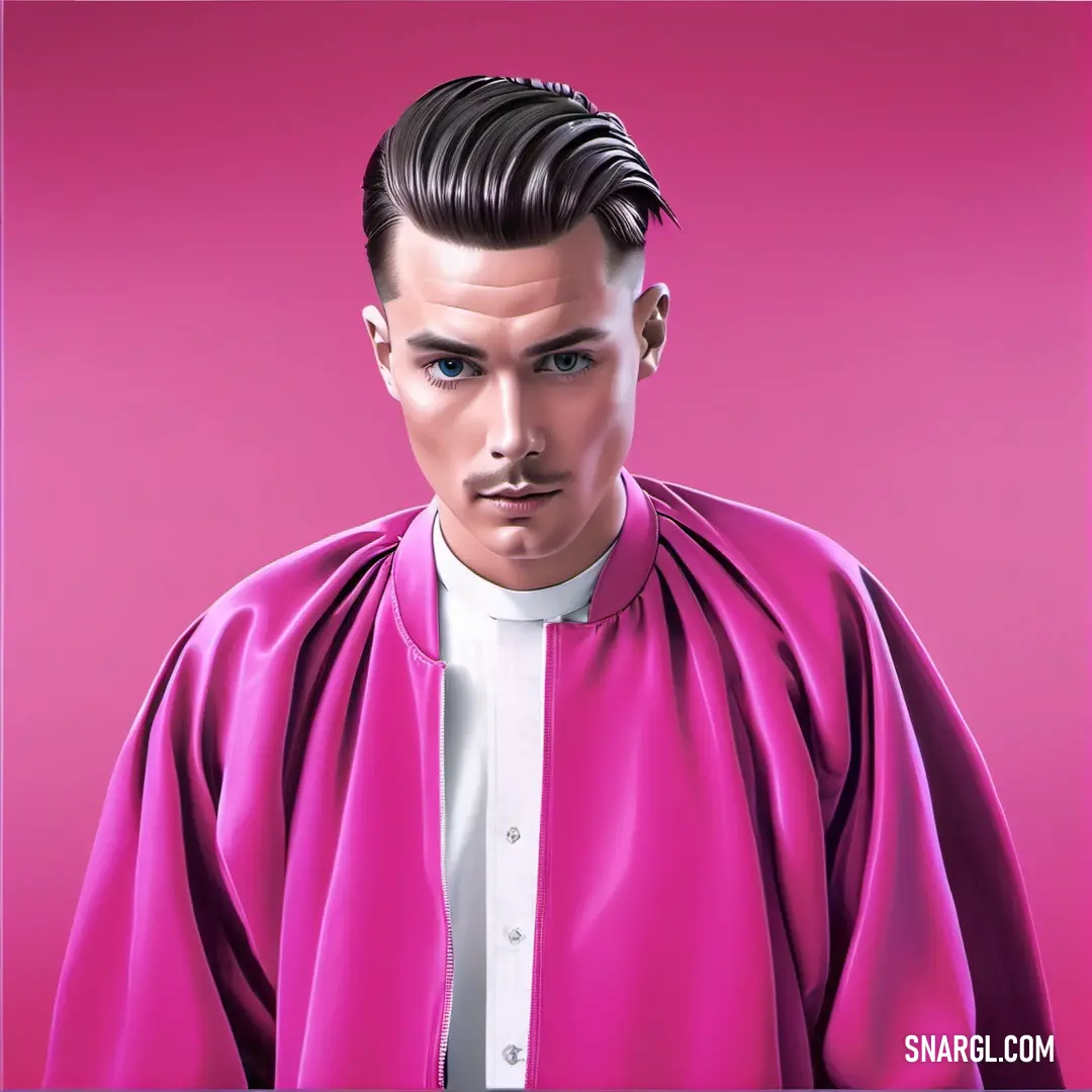 Man in a pink robe and a white shirt with a black haircut and a pink background