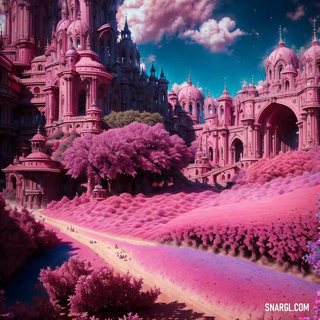 Painting of a castle with a pathway leading to it and a pink field in front of it with trees and flowers