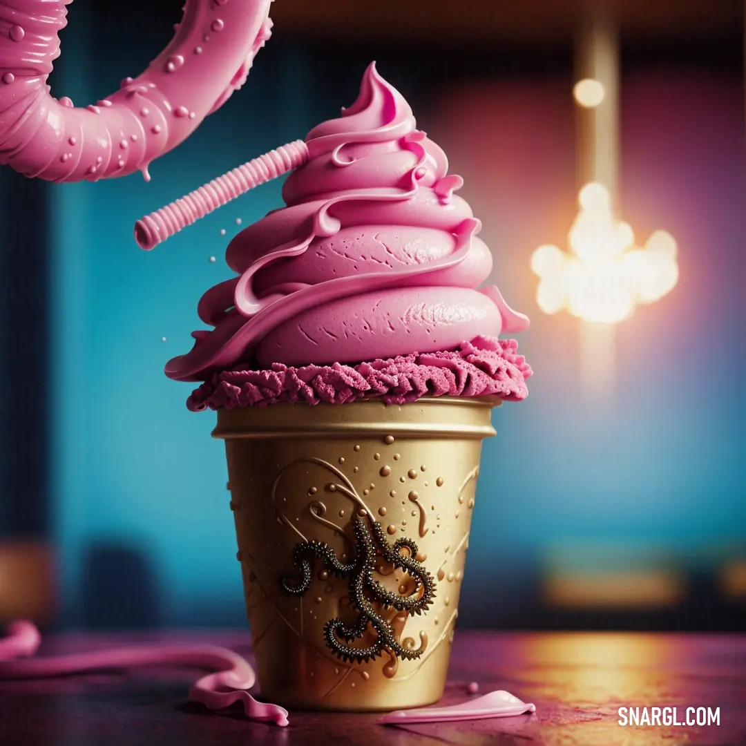 Pink ice cream sundae with a pink umbrella sticking out of it's top