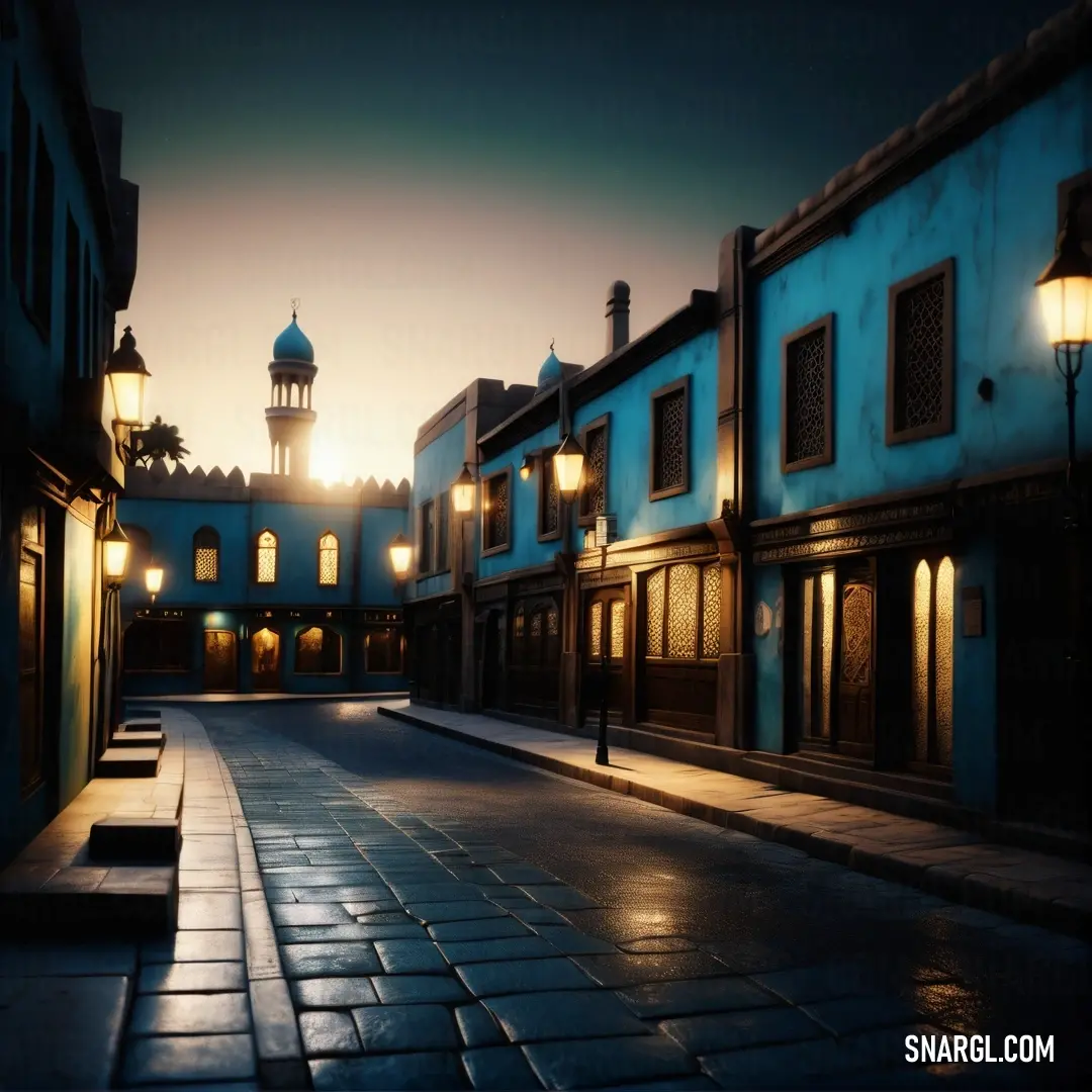 Street with a clock tower in the background. Color RGB 18,76,100.