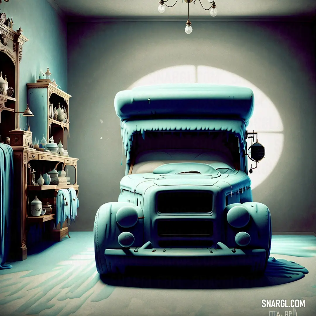 Large truck is parked in a room with a window and a shelf with a vase on it and a light fixture. Color PANTONE 2211.