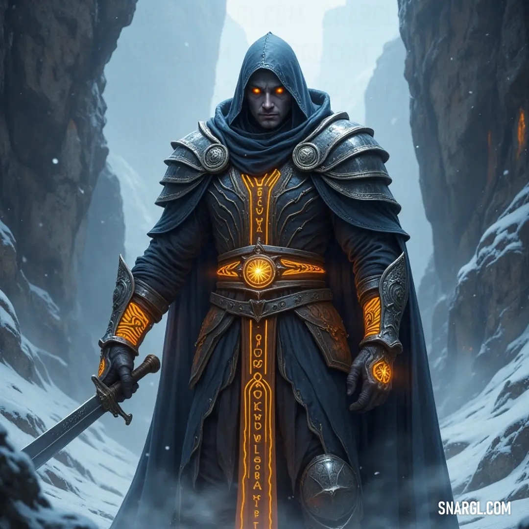 A determined figure cloaked in a hooded garment stands amid a wintry landscape, gripping two gleaming swords. Towering mountains rise in the background, while soft snowflakes gently dance around, creating a mystical and adventurous atmosphere.