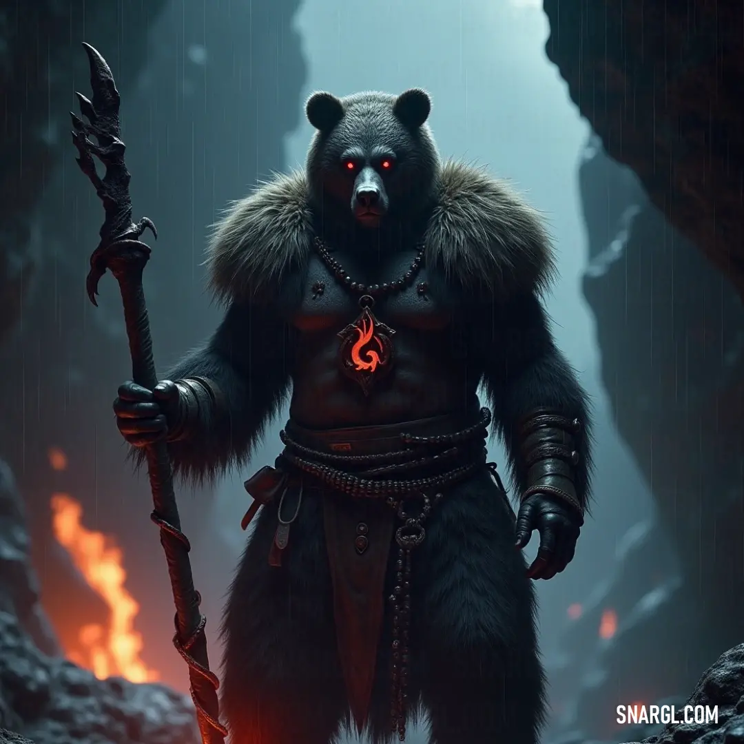 A fierce bear stands in a shadowy cave, brandishing a sturdy staff while a fierce fire emanates from its mouth. A menacing demon emblazoned on its chest enhances the scene's intensity, making it a captivating blend of power and mystique.