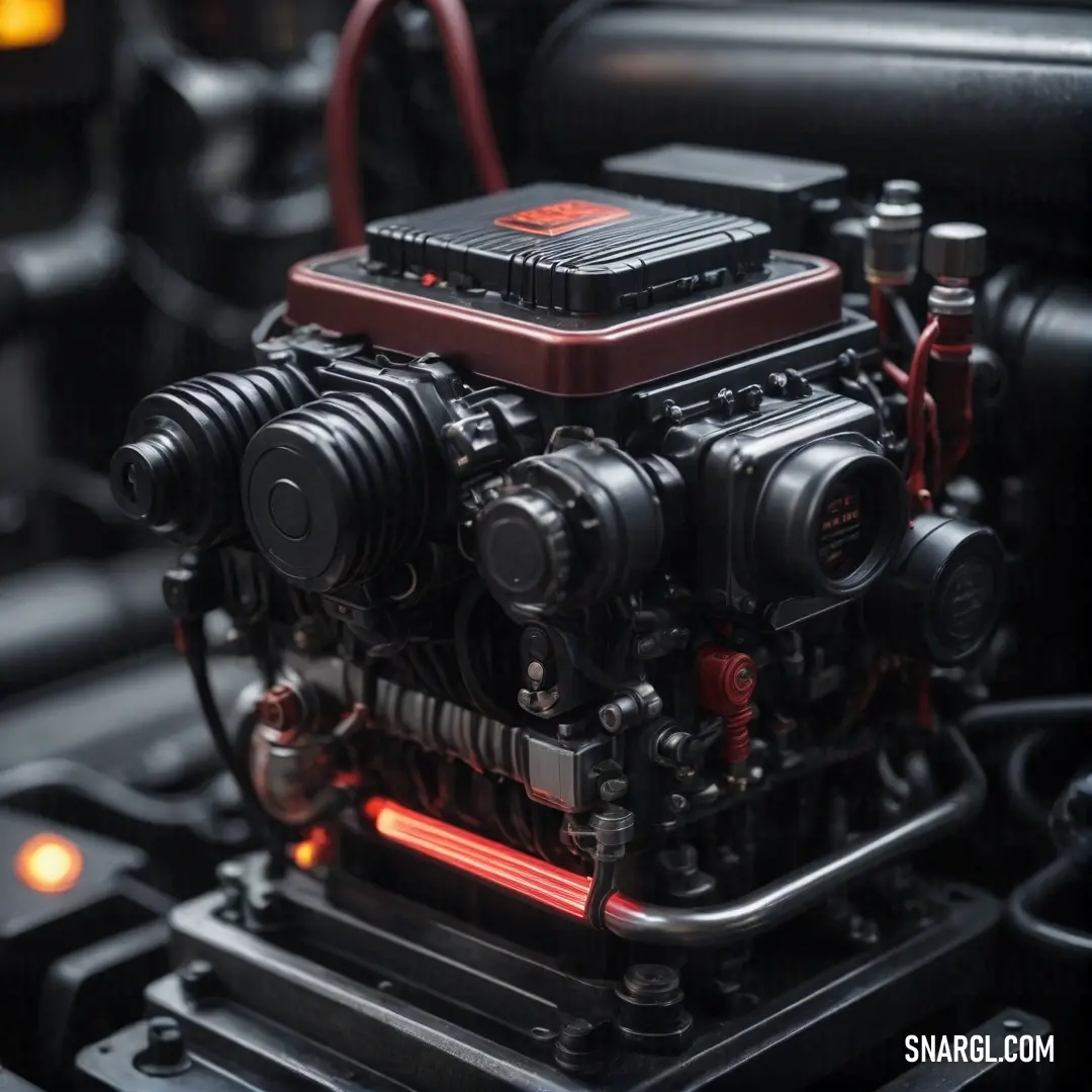 A detailed close-up of a compact engine nestled within a vehicle's engine bay, showcasing its intricate design. The scene is accentuated by a vivid red light that casts a modern glow, emphasizing the precision and power of automotive engineering.