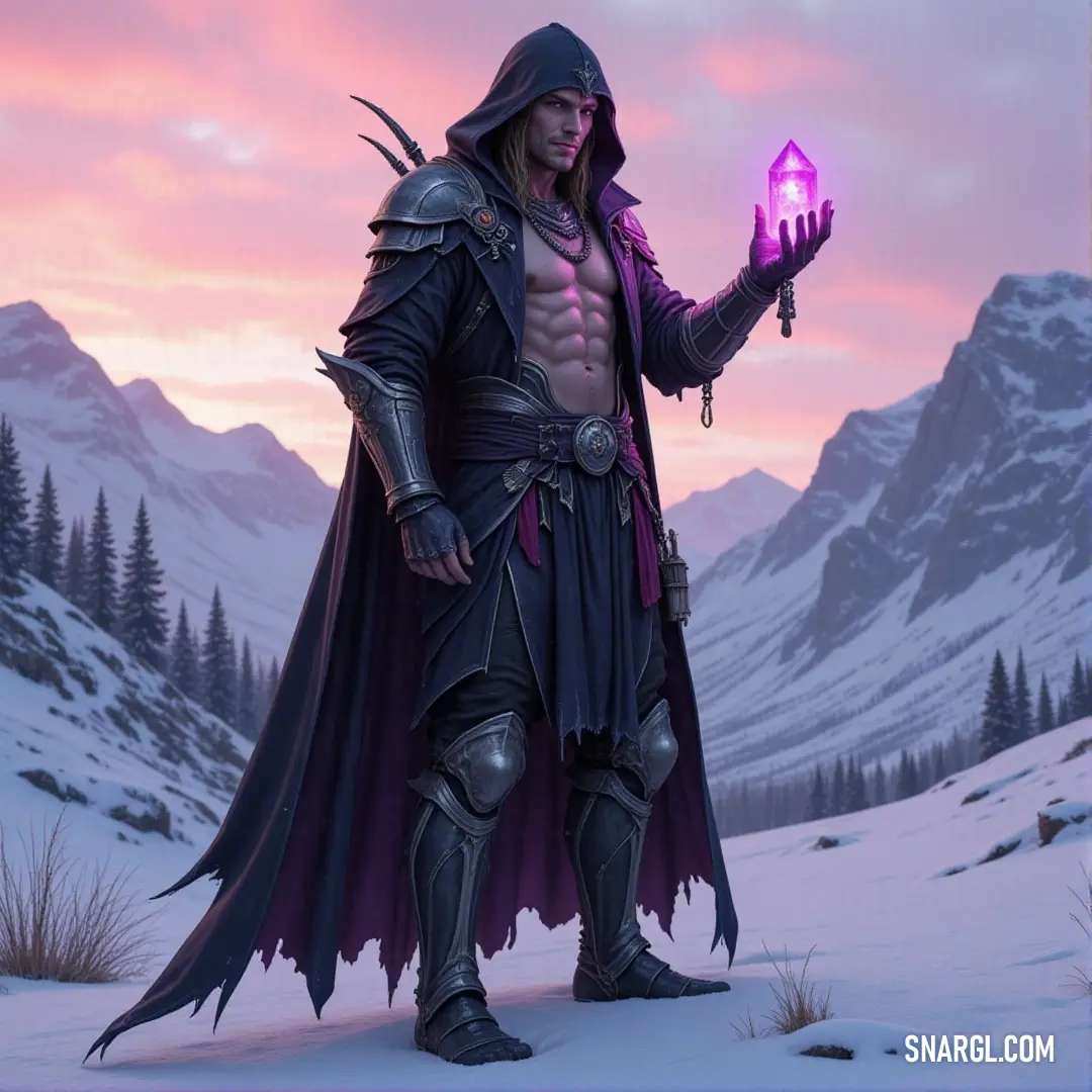 A man in a purple outfit holds a matching purple object, standing in a vast, snow-covered landscape. The snowy mountains loom in the background, adding an expansive and serene backdrop to his striking, solitary figure.