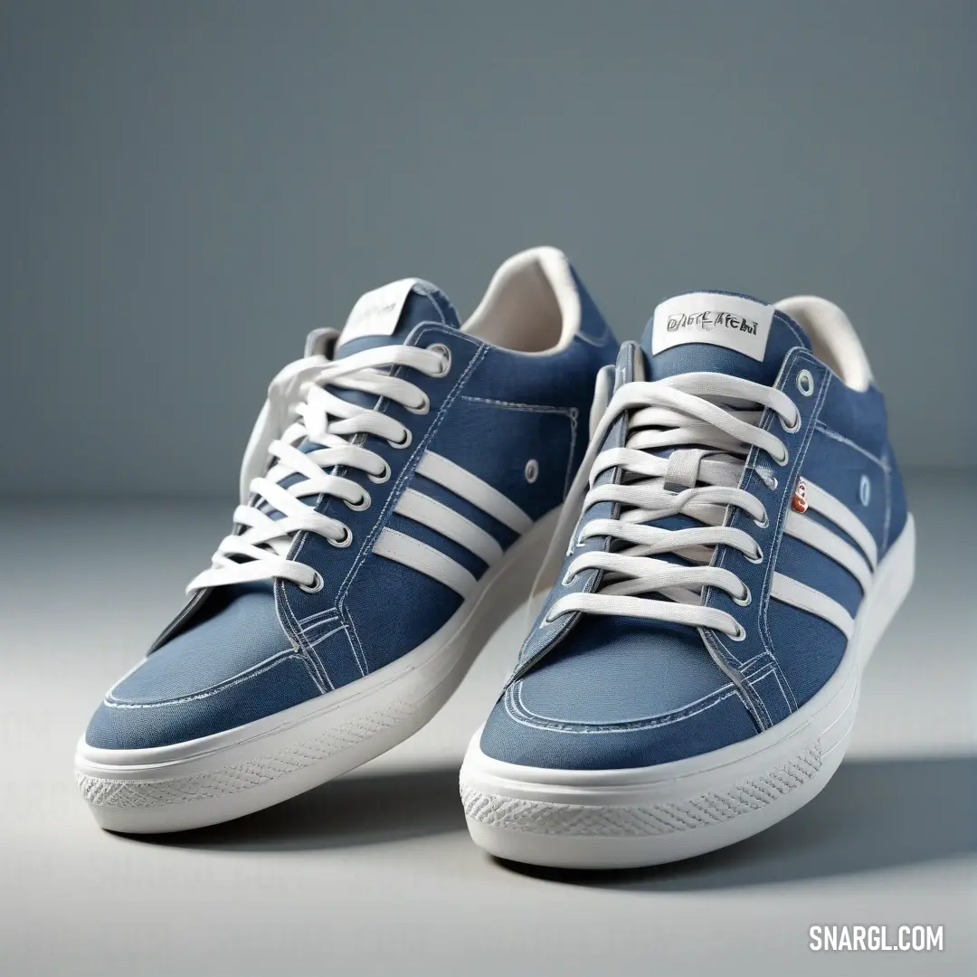 A pair of blue sneakers with white laces are neatly placed on a gray background, showcasing their casual yet stylish design. The RGB 117,160,163 color adds a touch of modern freshness to the footwear.